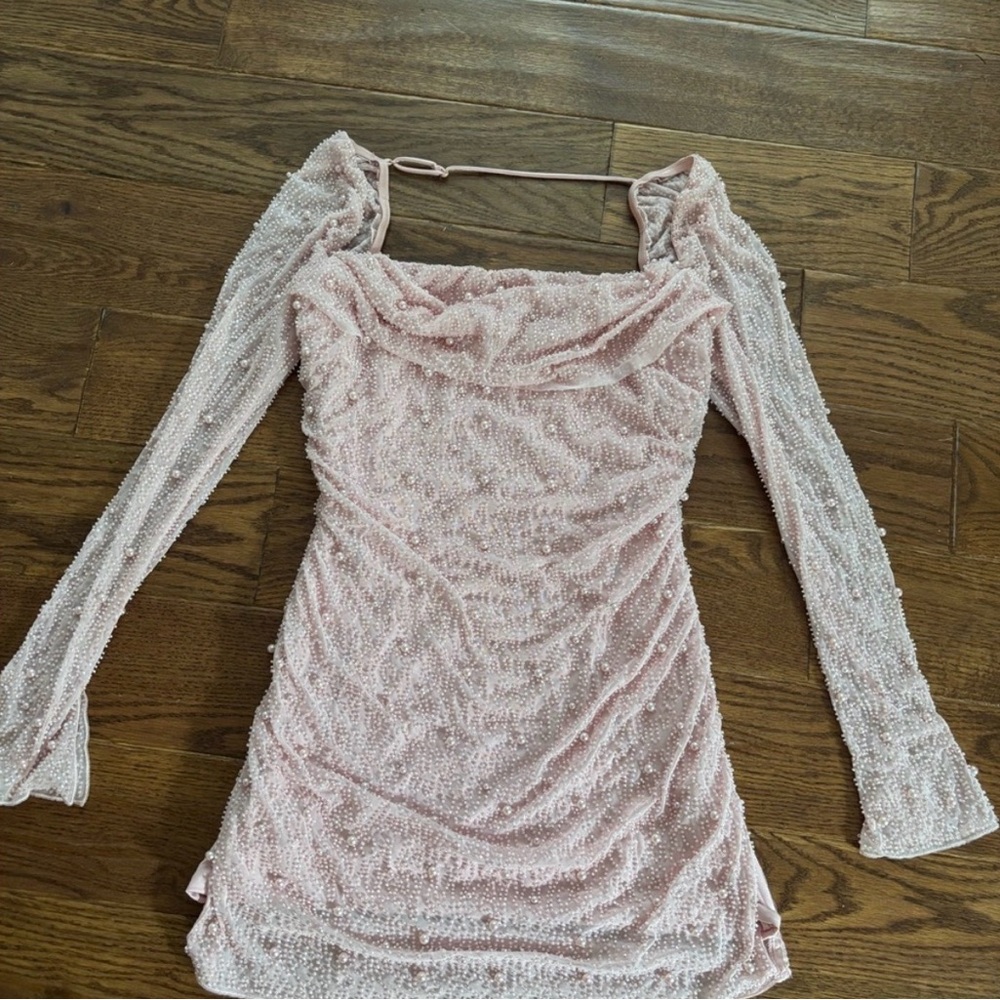 Oh Polly Blush Pink Long-Sleeve Beaded Mini Dress